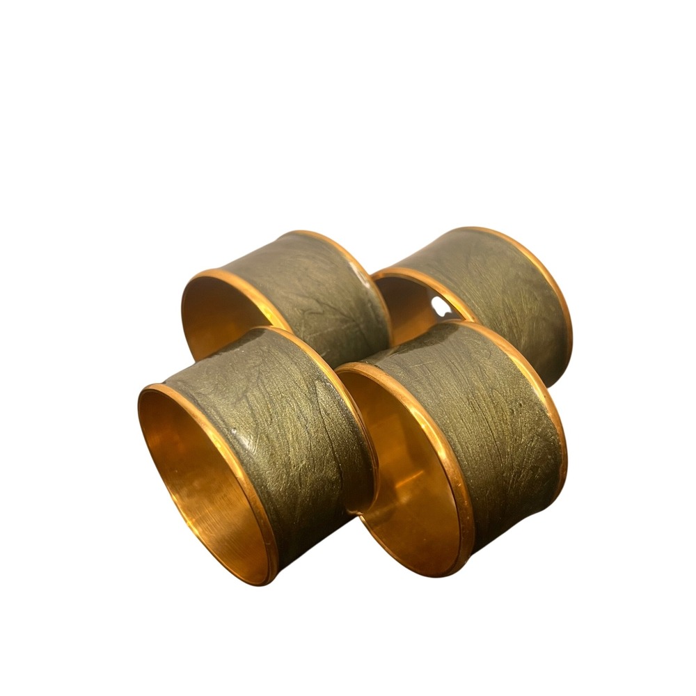 Napkin Rings Olive Green Gold Brass Marbled Enamel Set of 4 Mid Century Style